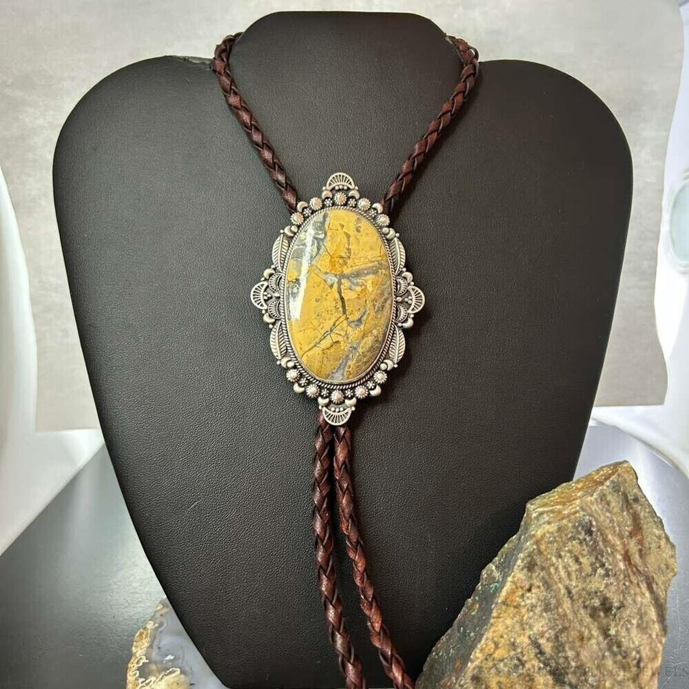 Sterling Southwestern Style Large Oval Picture Jasper Decorated Bolo Tie For Men
